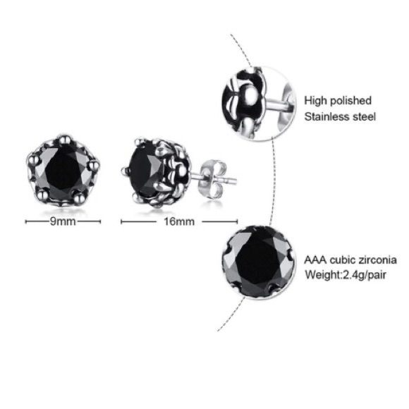 Single Accent Men Stud Earring Stainless Steel 9mm Black Round CZ Stud Earrings - Picture 3 of 4